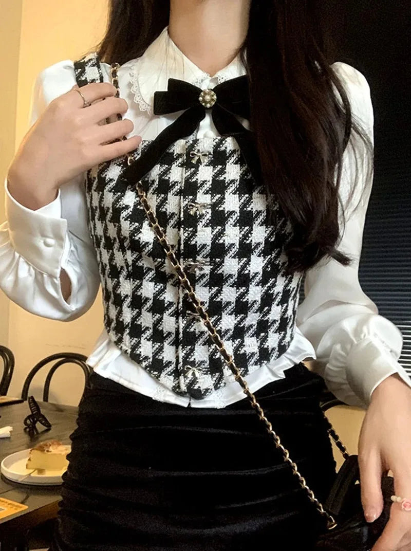 White Bow Shirts Women Sweet Preppy Kawaii Lace Patchwork Blouses Lolita Korean Elegant Peter Pan Collar Long Sleeve Crop Tops