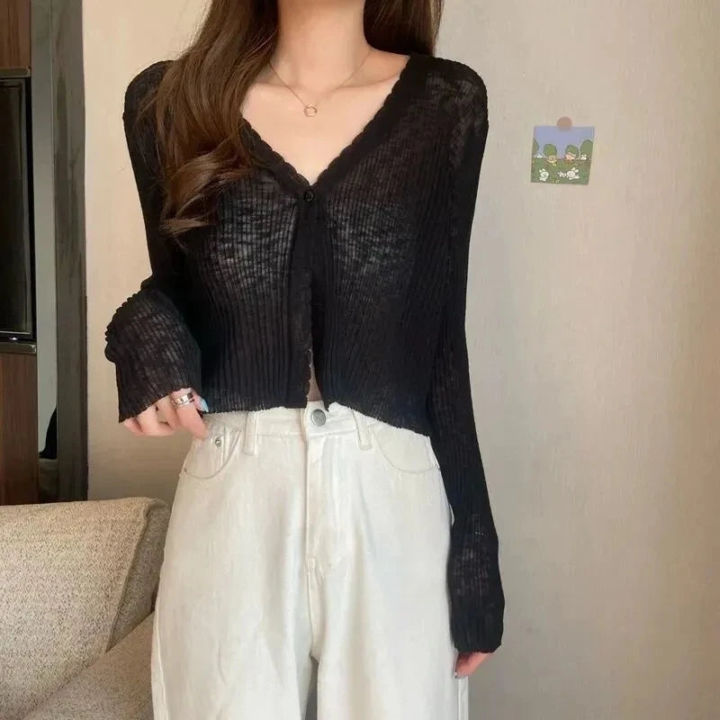 JOEVILU Thin Sunscreen Shirt Women's Summer Outerwear Crop Tops Hollow Out White Long-sleeved Cardigan Elegant Casual Shawl Coat