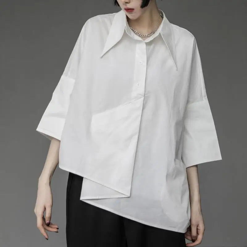 2025 Women Shirt Three Quarter Sleeve Blouse Irregular Hem Single breasted Solid Color Loose Lapel Summer Spring Shirt Top