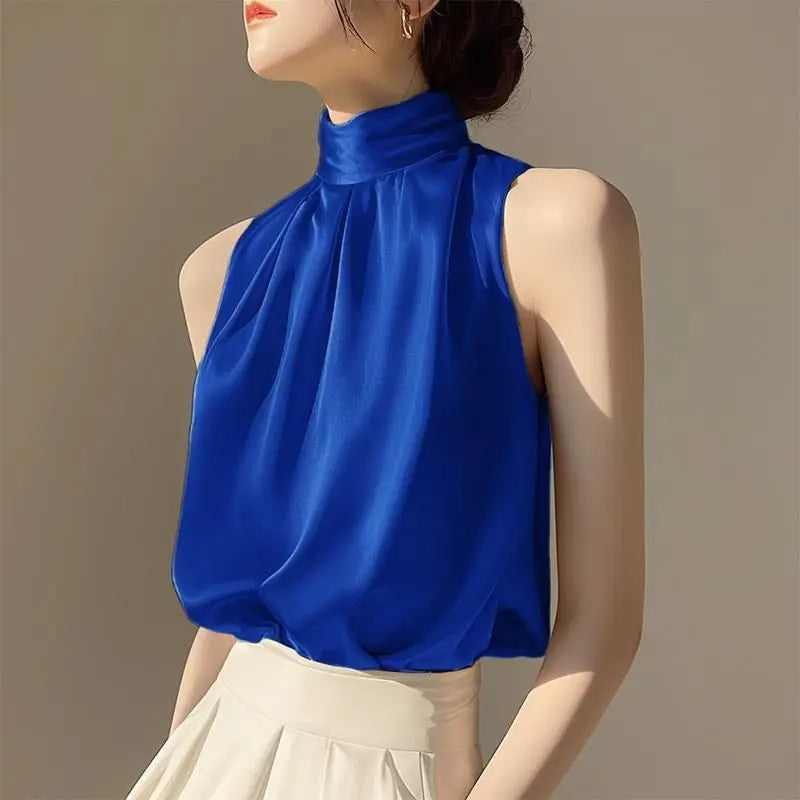 RBB Women's Silky Satin Sleeveless Crop Top – Summer Half Turtleneck Party Blouse