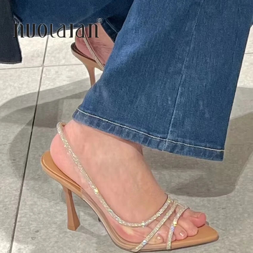 RBB Women’s Crystal Slingback High Heels – Summer Sexy PVC Pointed Toe Pumps