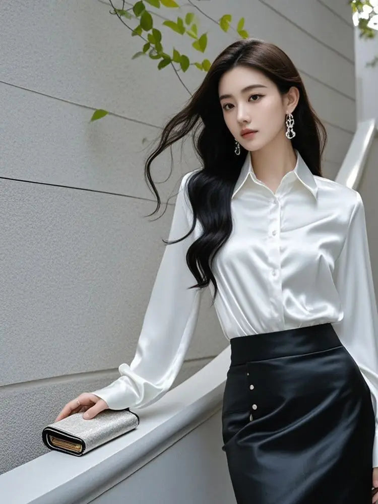 Elegant Silk Office Shirts Women Korean Fashion Y2k Clothes Slim Long Sleeve White Black Blusas Mujer Workwear Tops and Blouses