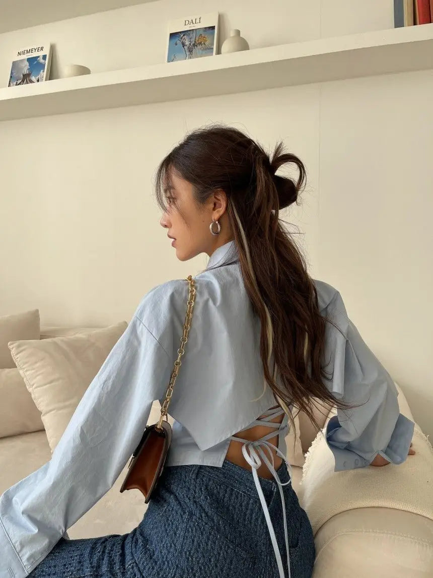 Chic Chiffon Shirts Women Criss-cross Drawstring Backless Trendy Design Turn-down Collar Single Breasted Ladies Solid Crop Tops