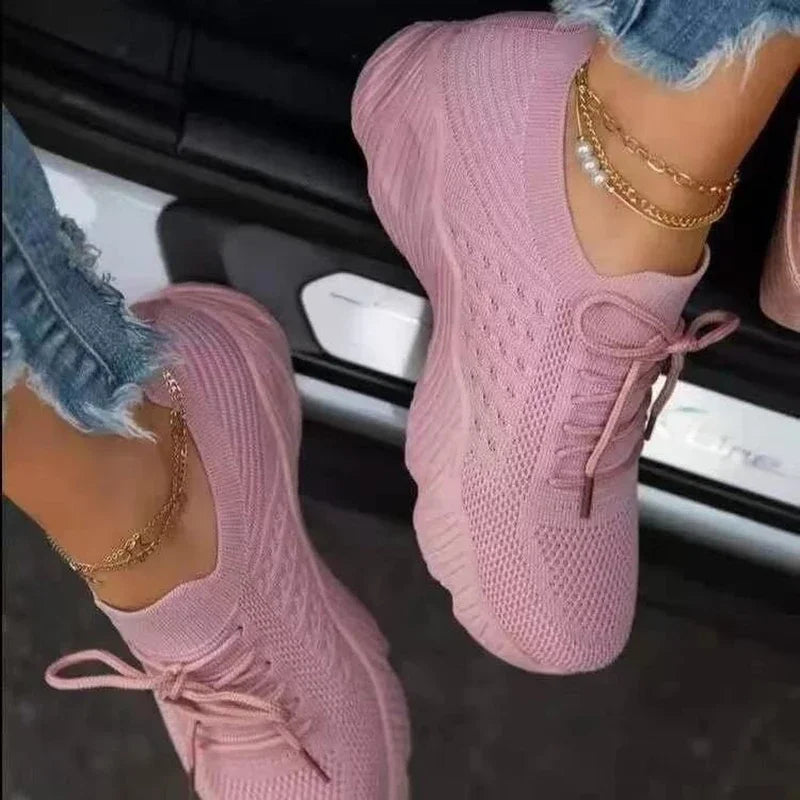 Women’s Breathable Mesh Casual Sneakers – Lace-Up Vulcanized Platform Shoes, Plus Sizes