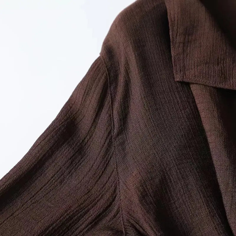 YENKYE Spring 2025 Women Brown Long Sleeve V Neck Ruffle Shirt Office Casual Blouse Blusas Mujer