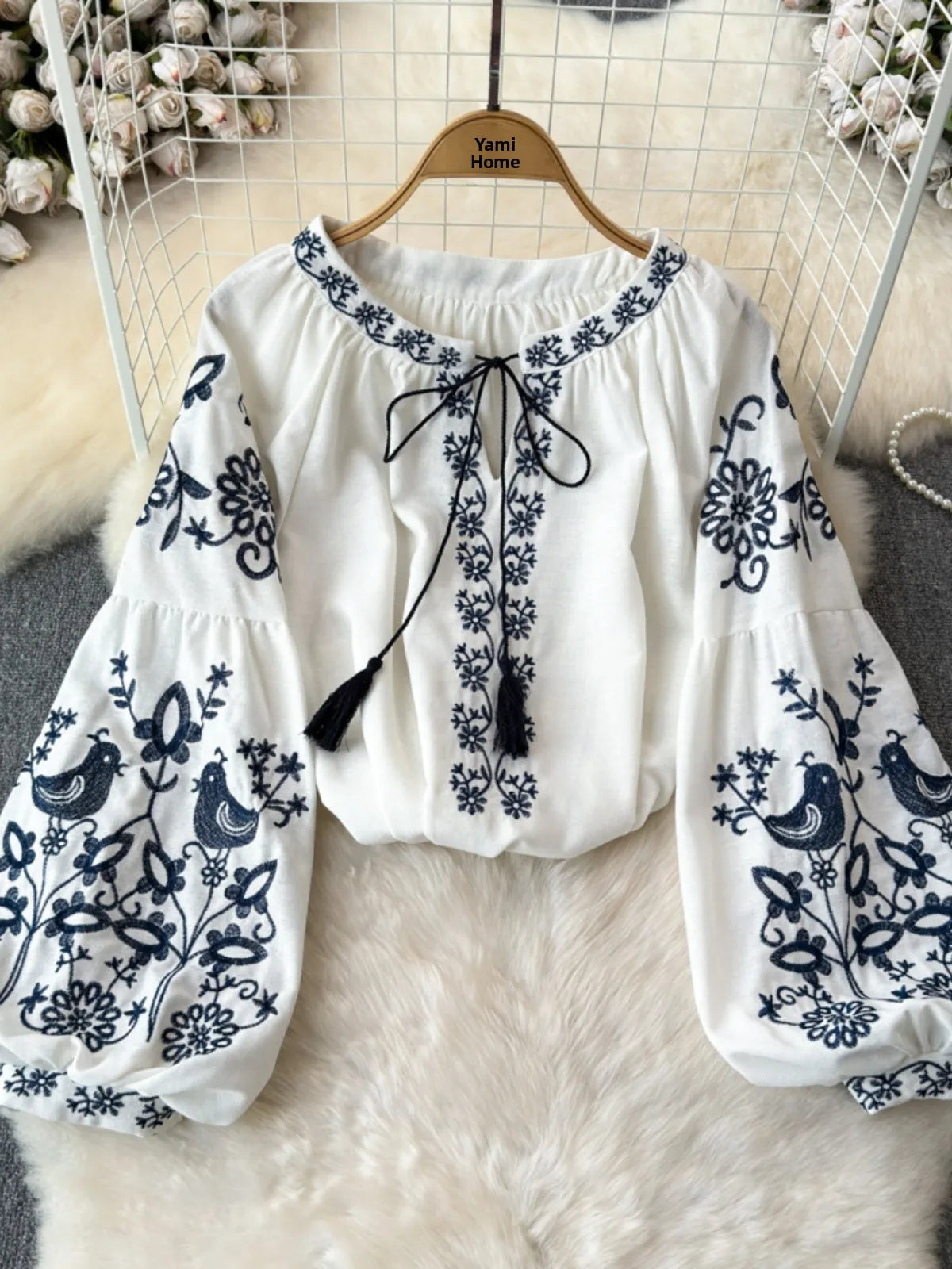 RBB Women's Retro Ethnic Embroidered Shirt – Style Loose Long Sleeve Blouse