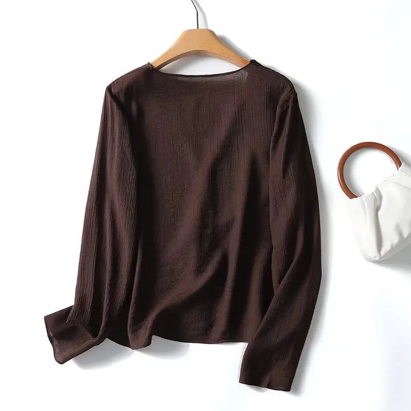 YENKYE Spring 2025 Women Brown Long Sleeve V Neck Ruffle Shirt Office Casual Blouse Blusas Mujer
