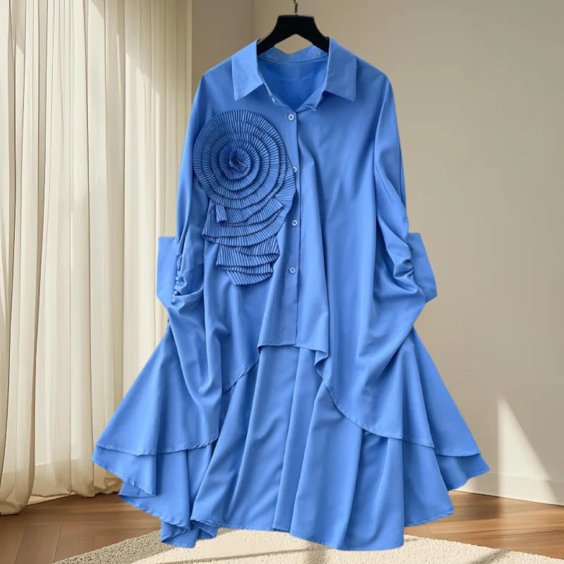 2025,New,European,Clothes,Loose,Blouse,Chic,Turndown Collar,Irregular,Three-dimensional flowers,Women,Batwing Sleeve,Tops,41293