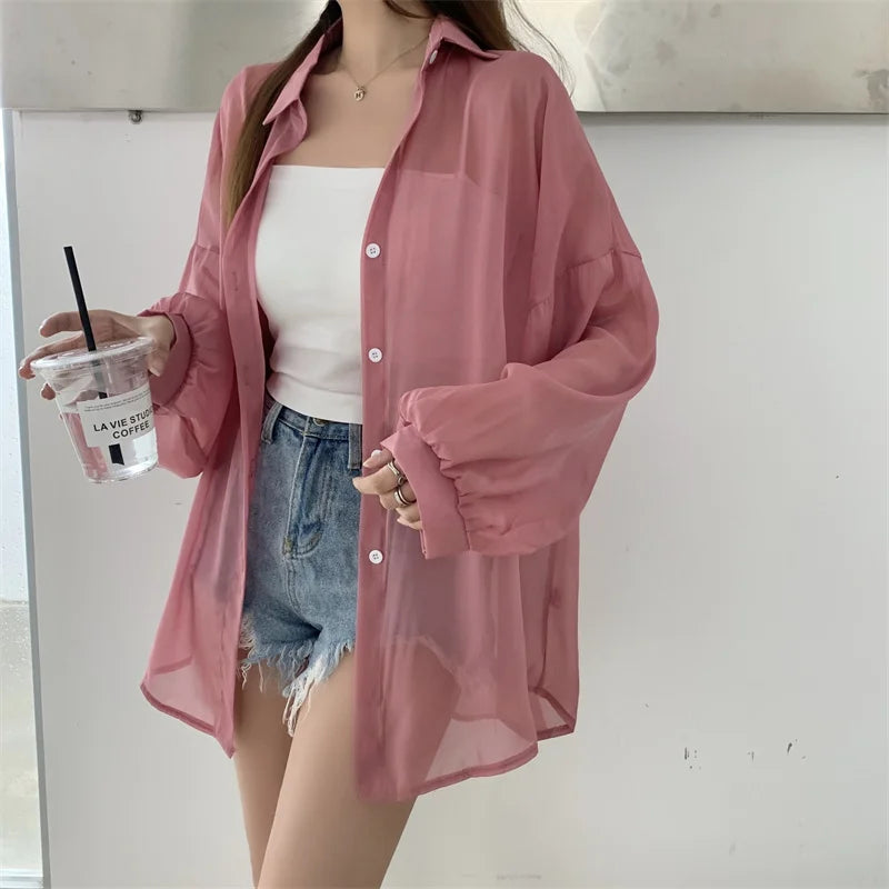 RBB Women’s Semi-Sheer Shimmer Long Sleeve Shirt – Lightweight Button-Down Collared Top for Spring/Summer