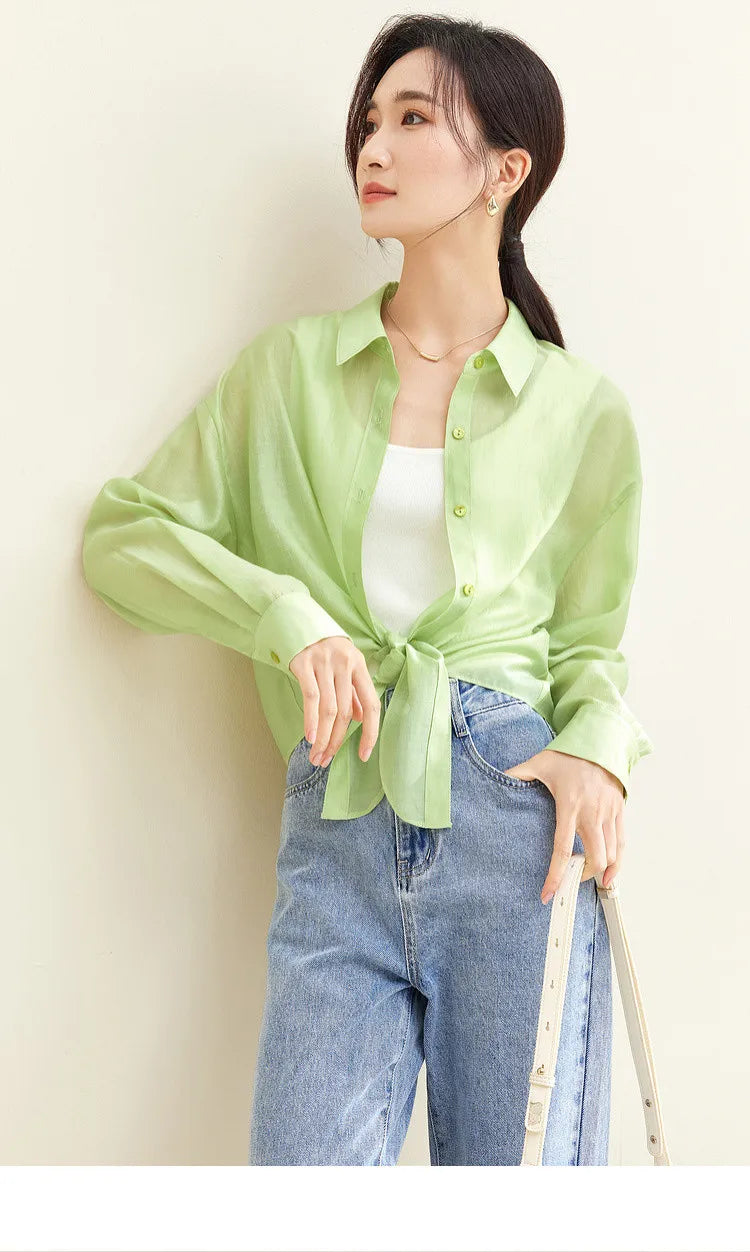 SENTUBILA Sheer Knot Shirts Women 2025 Elegant Casuals Long Drop Sleeve Button Up Shirts & Blouses Female Clothes 132C48674