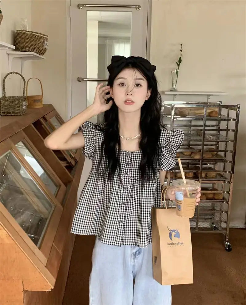 Women's Korean Style Cotton Summer Shirt - Breathable Square Neck Checkered Cute Loose Top with Small Flutter Sleeve