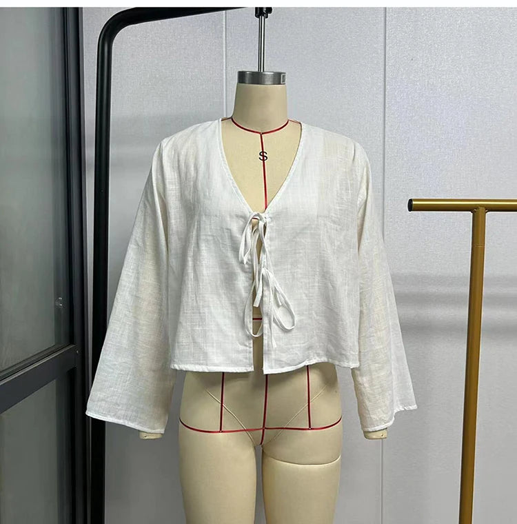 ALOBEE Shirt Women Elegant 2024 New Summer Street Female Comfortable Tops Loose Lace Up Leisure Bow Long Flare Sleeve Lady