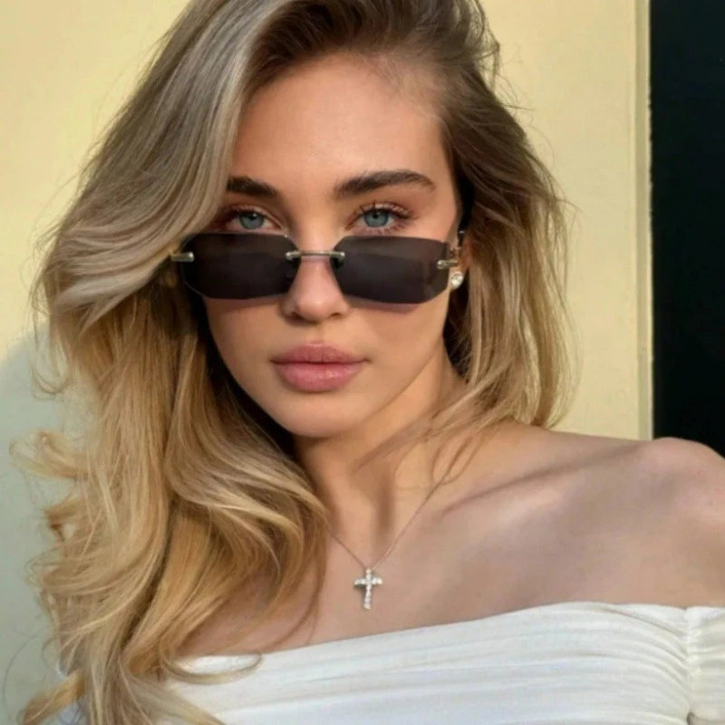 RBB Rimless Rectangle Sunglasses – Small Square Unisex Summer Travel Shades