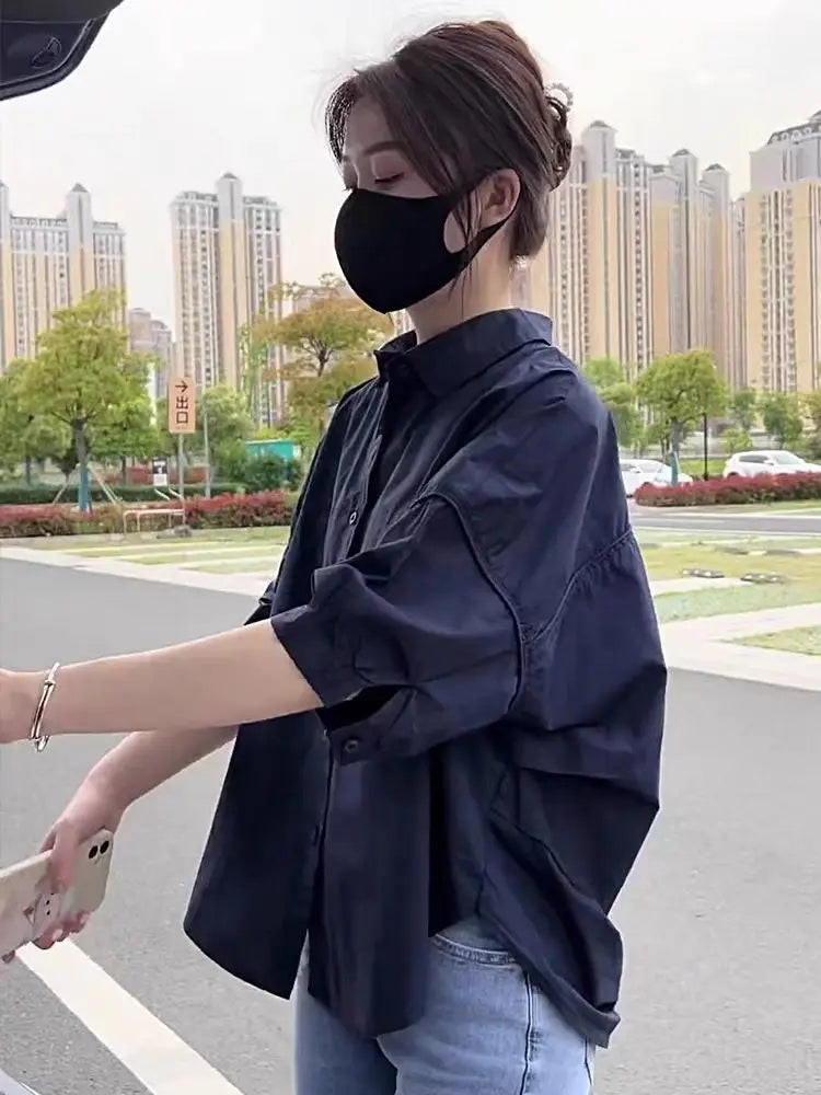 Cotton Mid-sleeve Thin Woman Blous Shir 2025 Summer New Loose Fashion Irregular Shirt Casual Vacation Top Korean Women's Clothes