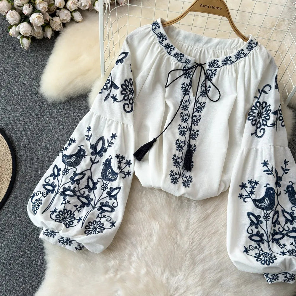 RBB Women's Retro Ethnic Embroidered Shirt – Style Loose Long Sleeve Blouse
