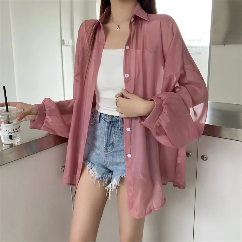 RBB Women’s Semi-Sheer Shimmer Long Sleeve Shirt – Lightweight Button-Down Collared Top for Spring/Summer