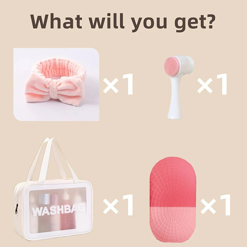 4-Piece Skincare Gift Set – Ice Roller, Headband, Brush & Makeup Bag