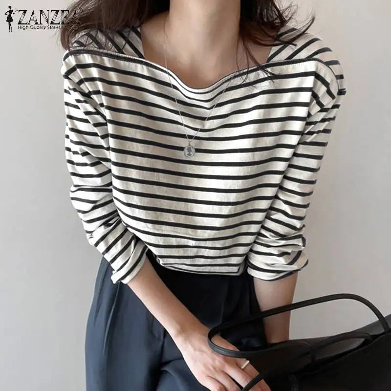ZANZEA Fashion Striped Blouse Women Elegant Square Neck Long Sleeve Tops Spring Casual Work OL Shirt Female Party Tops Chemise