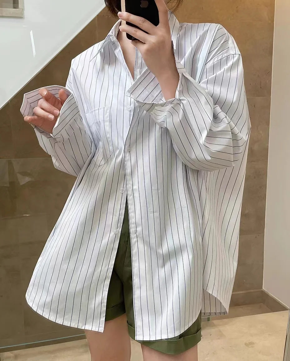 Spring/Summer Women's Striped Polo Neck Long Sleeve Pocket Decoration Loose Shirt
