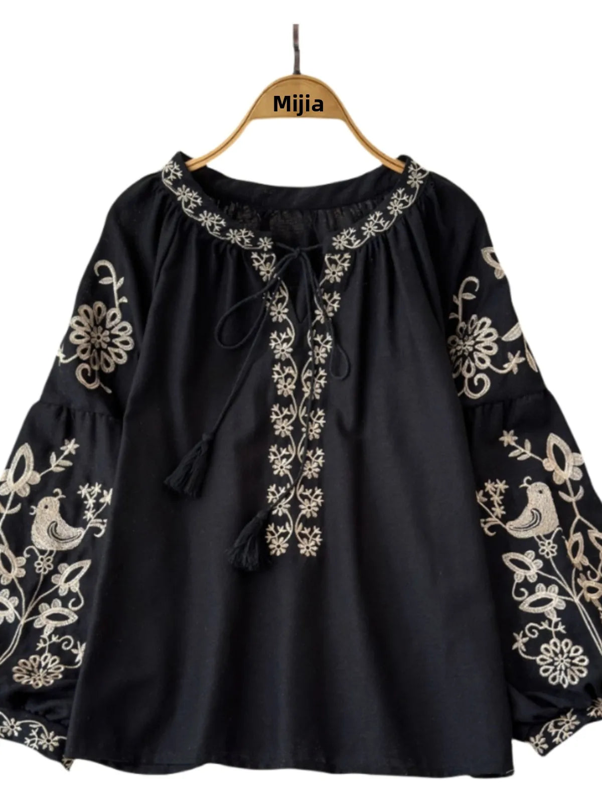 RBB Women's Retro Ethnic Embroidered Shirt – Style Loose Long Sleeve Blouse