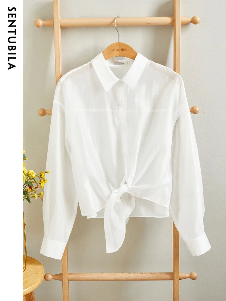 SENTUBILA Sheer Knot Shirts Women 2025 Elegant Casuals Long Drop Sleeve Button Up Shirts & Blouses Female Clothes 132C48674