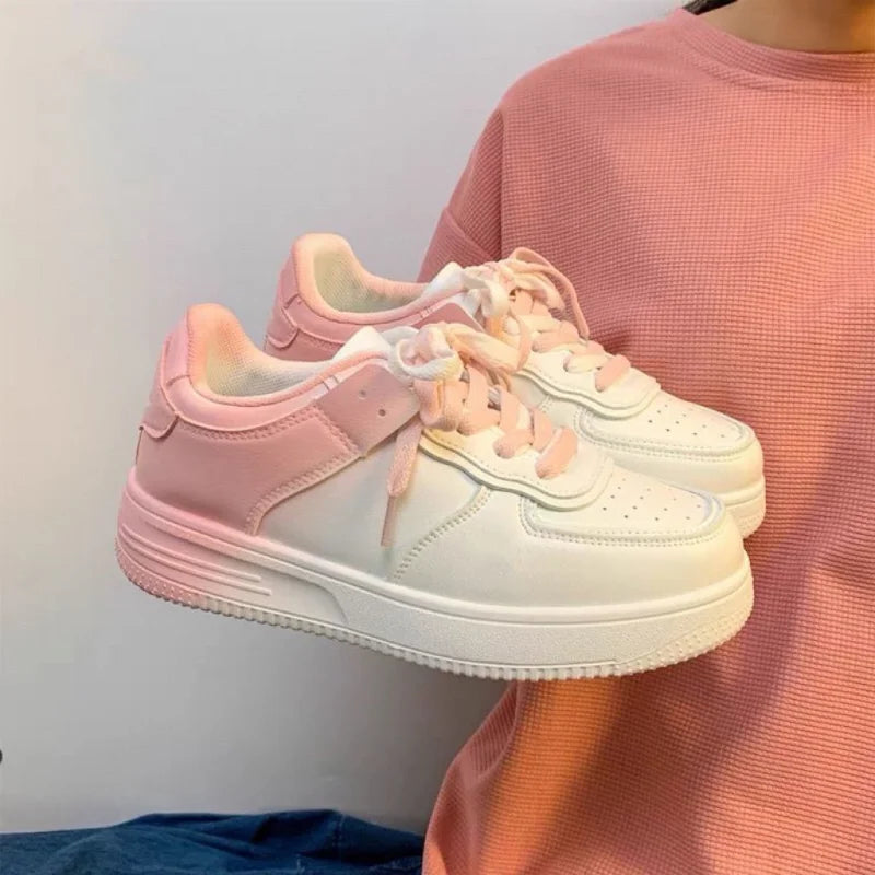 Women’s Casual White Flat Shoes – Spring & Summer 2023, Lightweight Lace-Up Board Sneakers for Students
