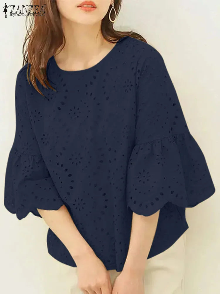 ZANZEA Fashion Summer 3/4 Sleeve Hollow Out Blouse Women Elegant Lace Crochet Tops Casual Loose Embroidery Shirt Work Blusas
