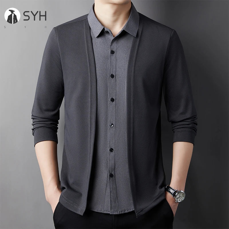 RBB Men’s Casual Long Sleeve Two-Piece Style Shirt – Comfortable Korean Fashion