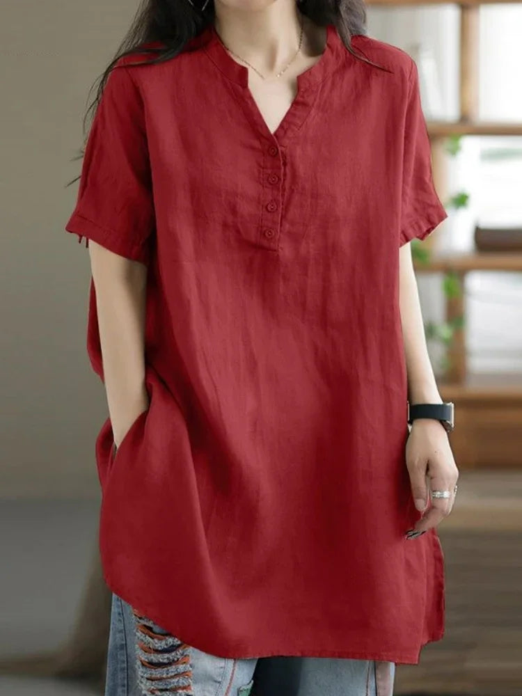 2024 Summer Fashion Cotton and Hemp Women's Shirt Commuting Style Casual Half Open Short Sleeve Casual Shirt Top