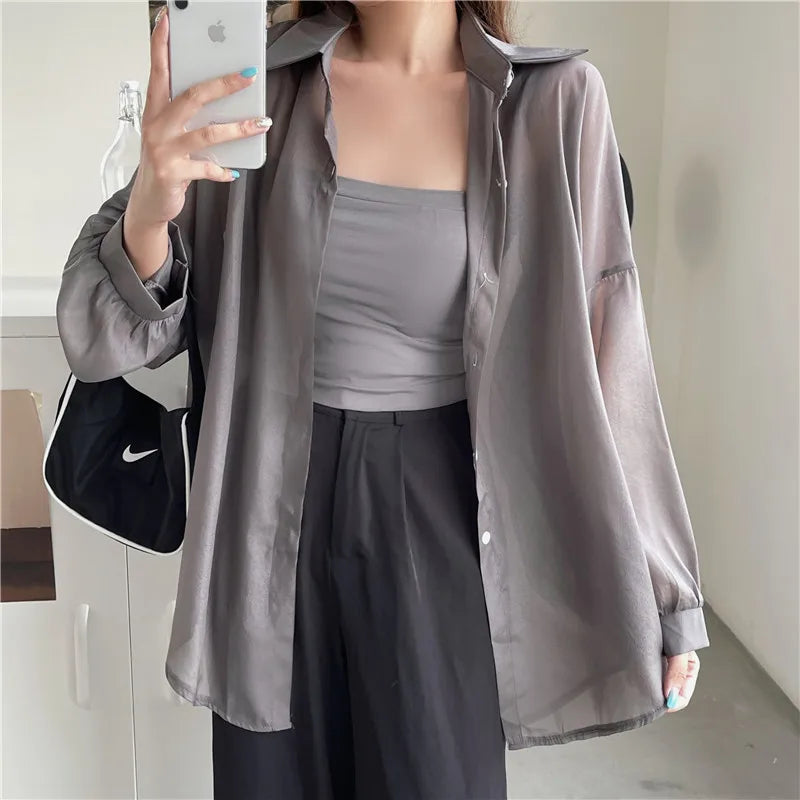 RBB Women’s Semi-Sheer Shimmer Long Sleeve Shirt – Lightweight Button-Down Collared Top for Spring/Summer