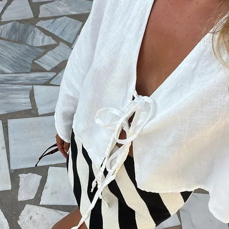 2024 Summer White Lace Up Shirts For Women‘s Elegant Loose Long Sleeve V-neck Blouse Female Solid Causal Street Chic lady Tops
