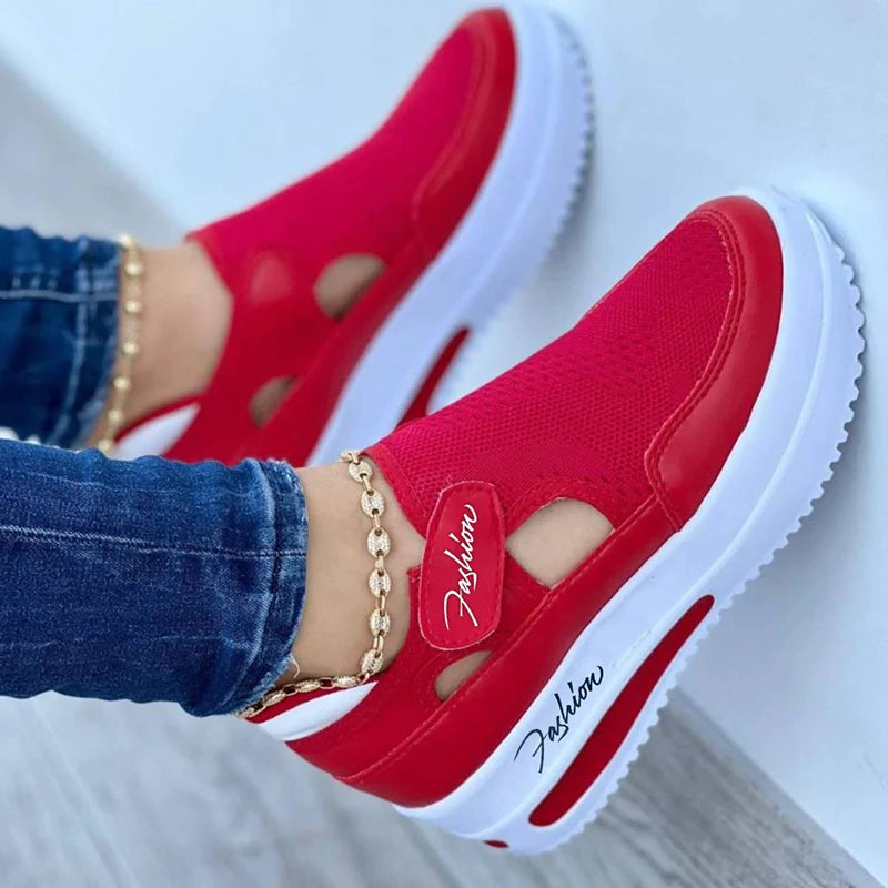 Red Women’s Canvas Sneakers – Casual Tennis Platform Shoes with Hollow Out Design