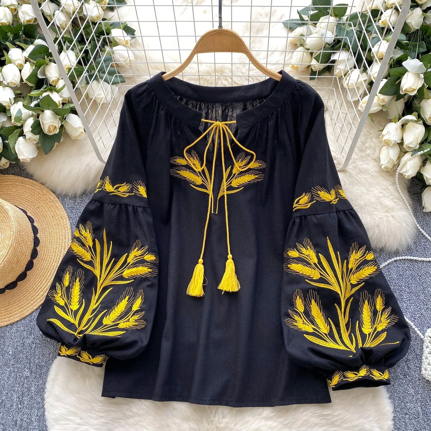 Retro Ethnic Heavy Embroidery Loose Casual round Ne Lantern Sve irt Women's Faionable Base Layer Top