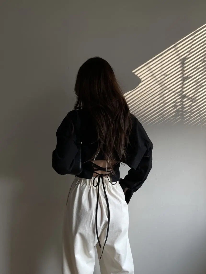 Chic Chiffon Shirts Women Criss-cross Drawstring Backless Trendy Design Turn-down Collar Single Breasted Ladies Solid Crop Tops