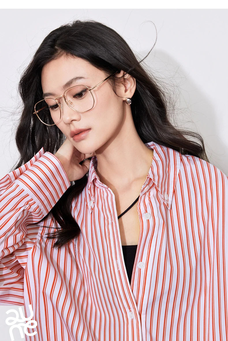 TOYOUTH Women Blouse Shirt 2025 Spring New Lyocell Long Sleeve Striped Cotton Sunscreen OL Shirt Tops