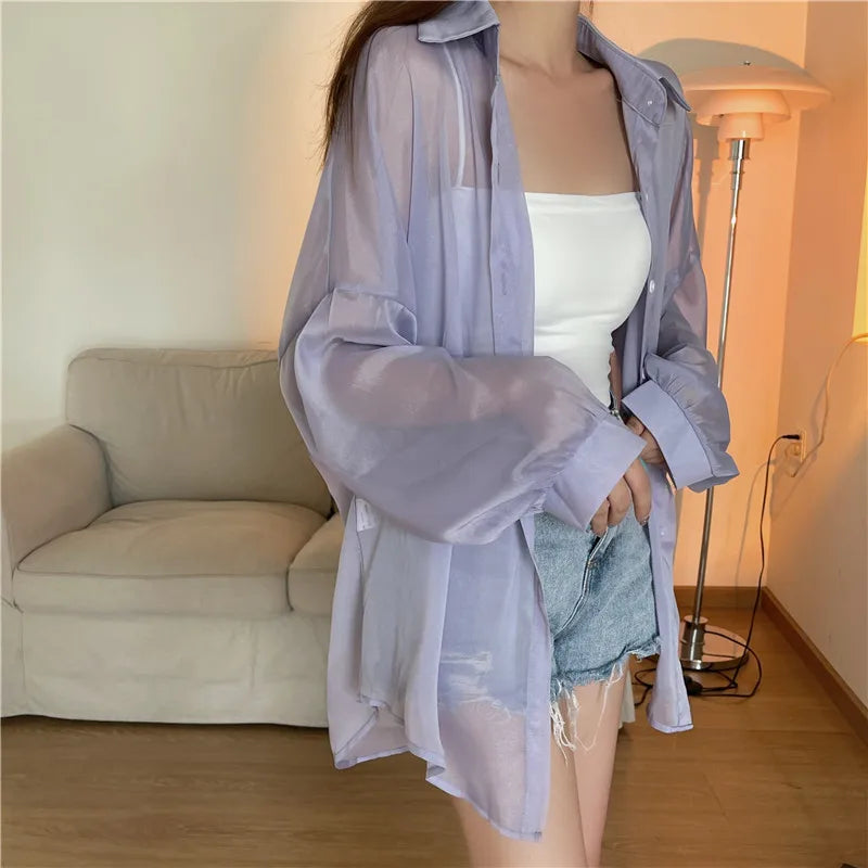 RBB Women’s Semi-Sheer Shimmer Long Sleeve Shirt – Lightweight Button-Down Collared Top for Spring/Summer