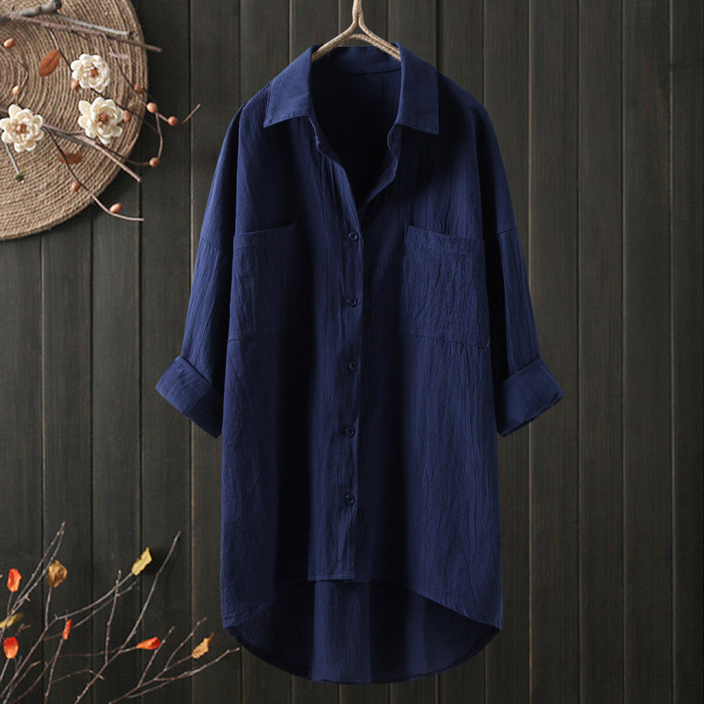 Elegant and Youth Woman Blouses Casual Home Cotton Linen Large Size Single Breasted Commuting Style Long Sleeved Shirt