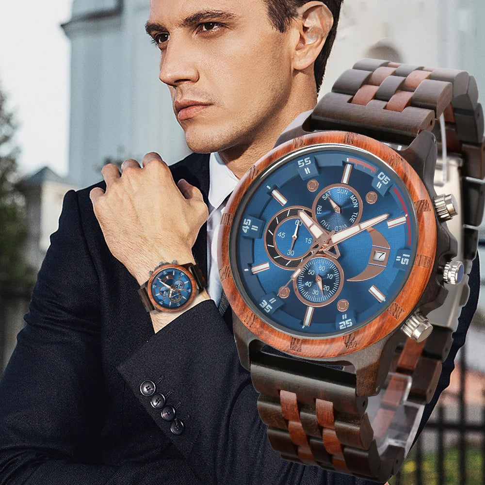 RBB Men’s Wooden Quartz Watch – Date & Week Display with Gift Box