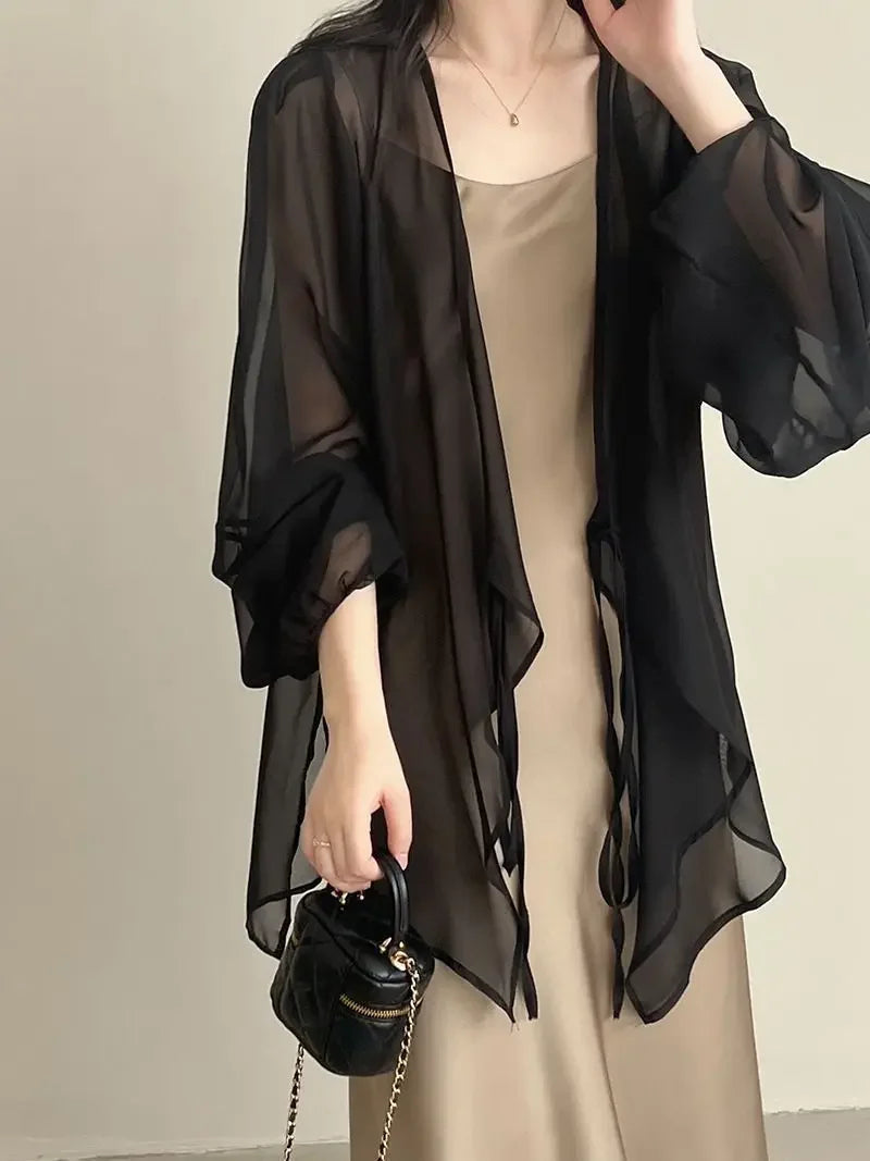 RBB Women's V-Neck Chiffon Shirt – Loose Fit Lace-Up Long Sleeve Summer Blouse