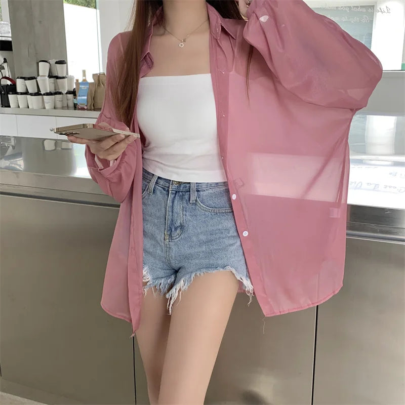 RBB Women’s Semi-Sheer Shimmer Long Sleeve Shirt – Lightweight Button-Down Collared Top for Spring/Summer