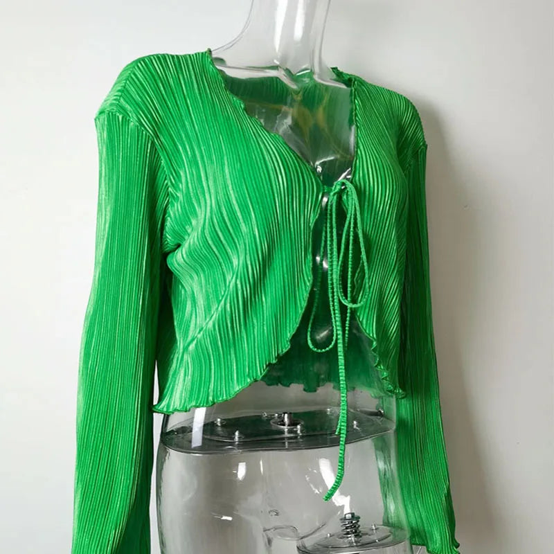 2024 Women Pleated Plain Shirts Spring Fall Chic Long Flare Sleeve V- Neck Tie Up Cardigans Tops for Casual Party Street