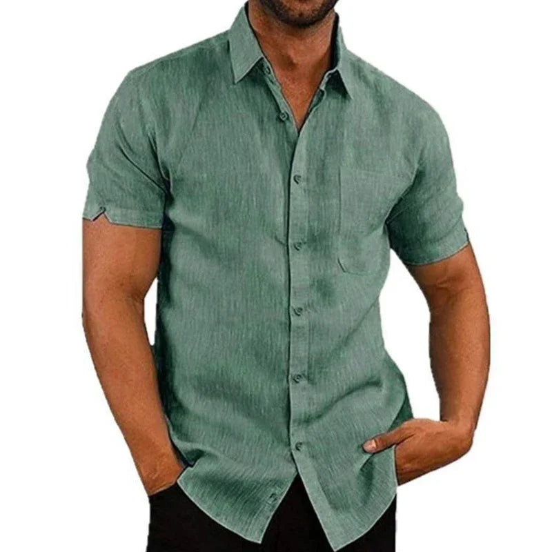 RBB Men’s Summer Cotton Linen Shirt – Short Sleeves, Turn-Down Collar, Casual Beach Style