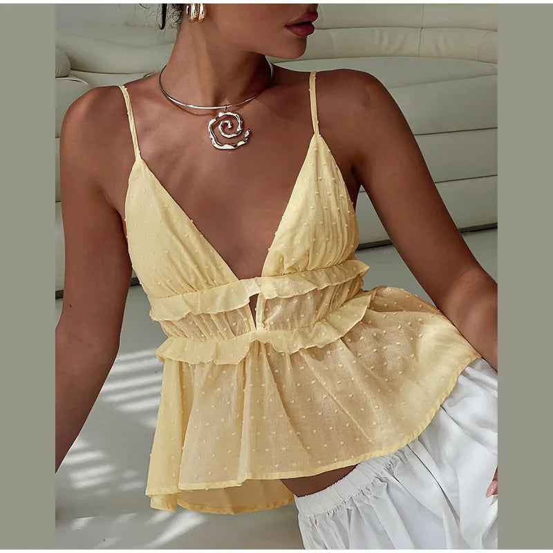 Women Casual Yellow Ruffles Tops Fashion V Neck Lace Up Long Sleeve Loose T Shirt 2025 Summer Lady High Street Commute Clothing
