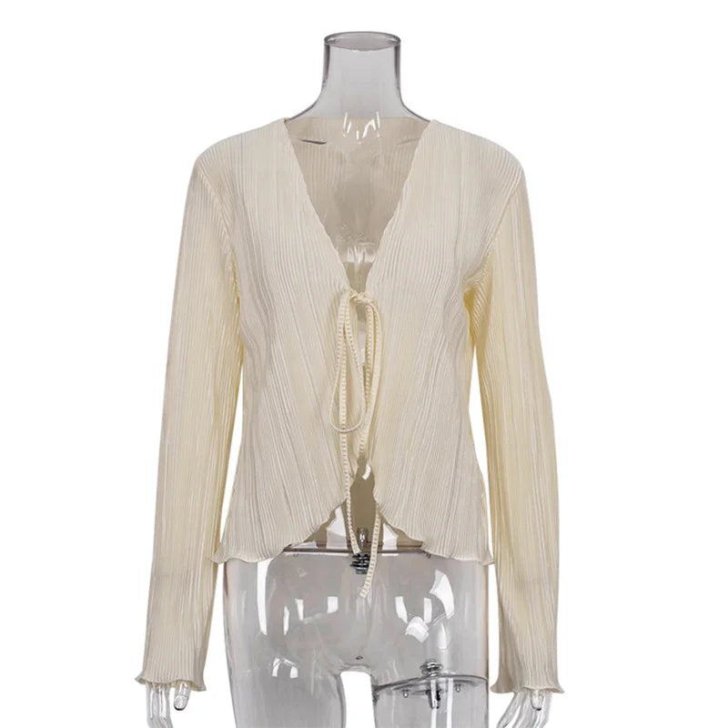 2024 Women Pleated Plain Shirts Spring Fall Chic Long Flare Sleeve V- Neck Tie Up Cardigans Tops for Casual Party Street