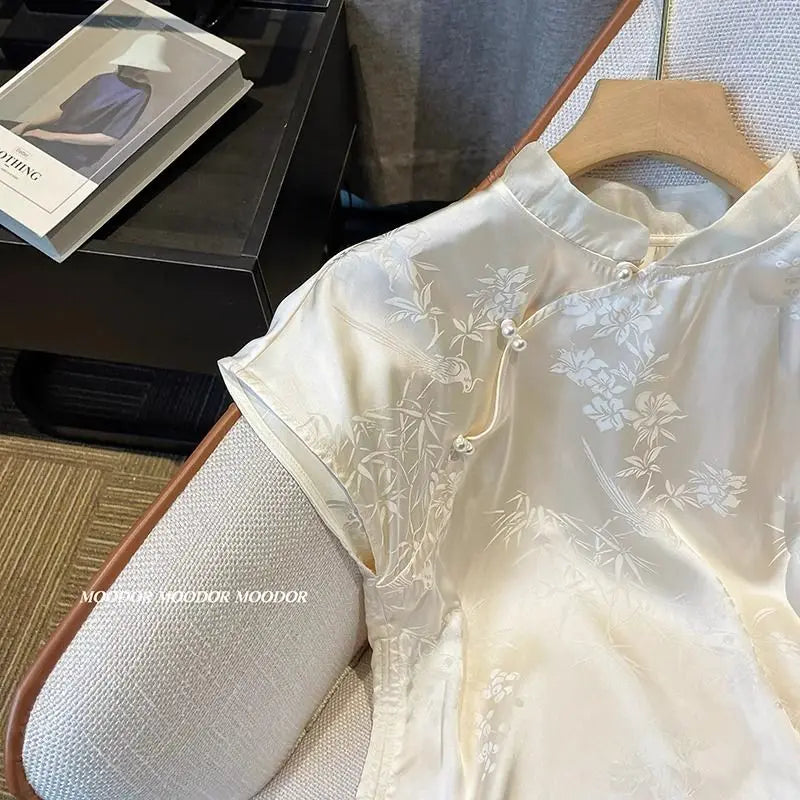 New Chinese Style Women Short Sleeve Printed Stand-Up Collar Shirt Temperament Elegant Women's Shirt Retro Summer Light Soft Top