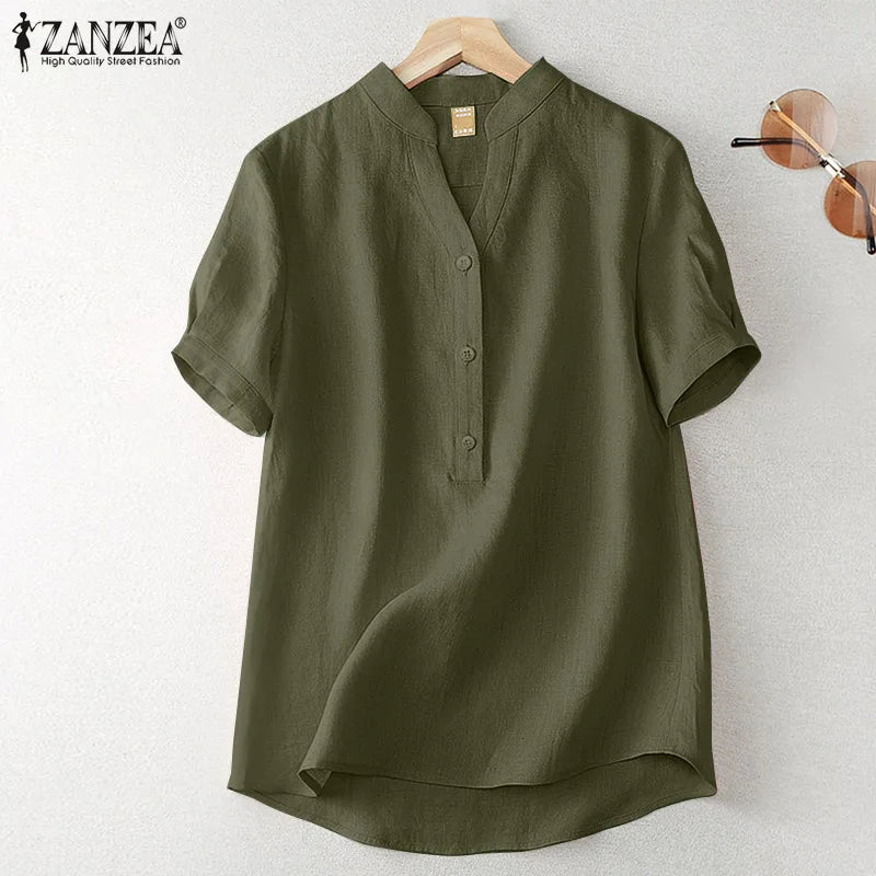 ZANZEA Summer Elegant Loose Chemise Cotton Blouse Vintage OL Work Tunic Tops Women Casual Solid Shirt V Neck Short Sleeve Blusas