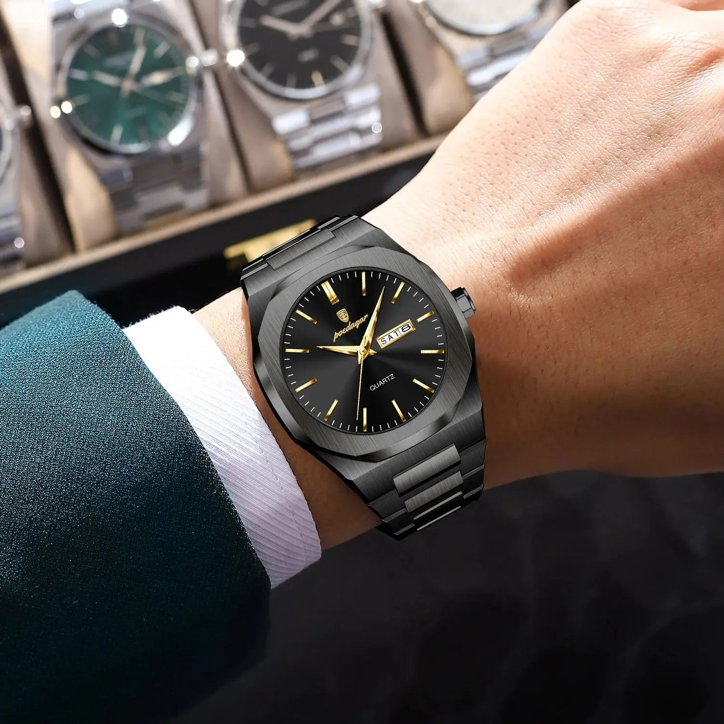 RBB Men’s Fashion Quartz Watch – Waterproof Luminous Stainless Steel with Date & Week Display