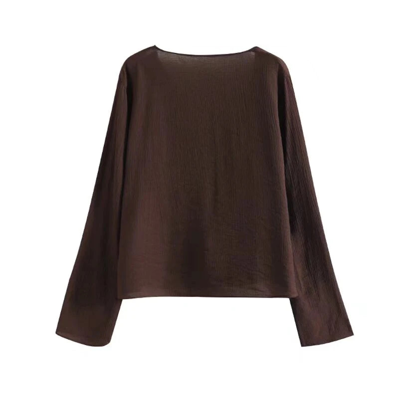 YENKYE Spring 2025 Women Brown Long Sleeve V Neck Ruffle Shirt Office Casual Blouse Blusas Mujer