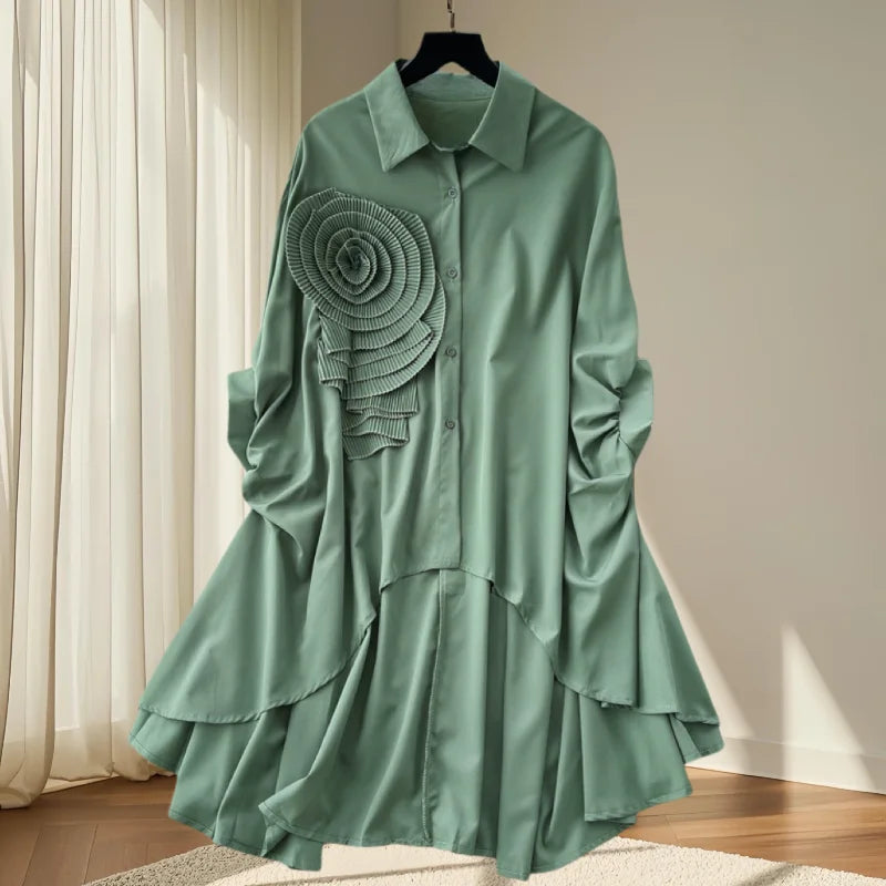 2025,New,European,Clothes,Loose,Blouse,Chic,Turndown Collar,Irregular,Three-dimensional flowers,Women,Batwing Sleeve,Tops,41293