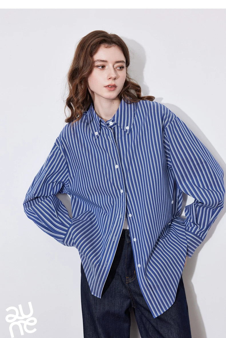 TOYOUTH Women Blouse Shirt 2025 Spring New Lyocell Long Sleeve Striped Cotton Sunscreen OL Shirt Tops